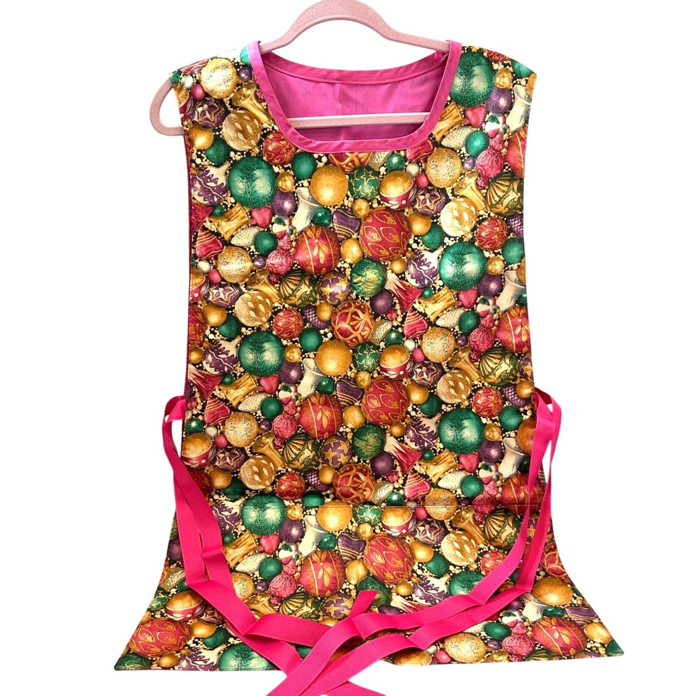 Handmade Christmas Ornament Print Tabard Apron Pink Ribbon Side Ties Lined